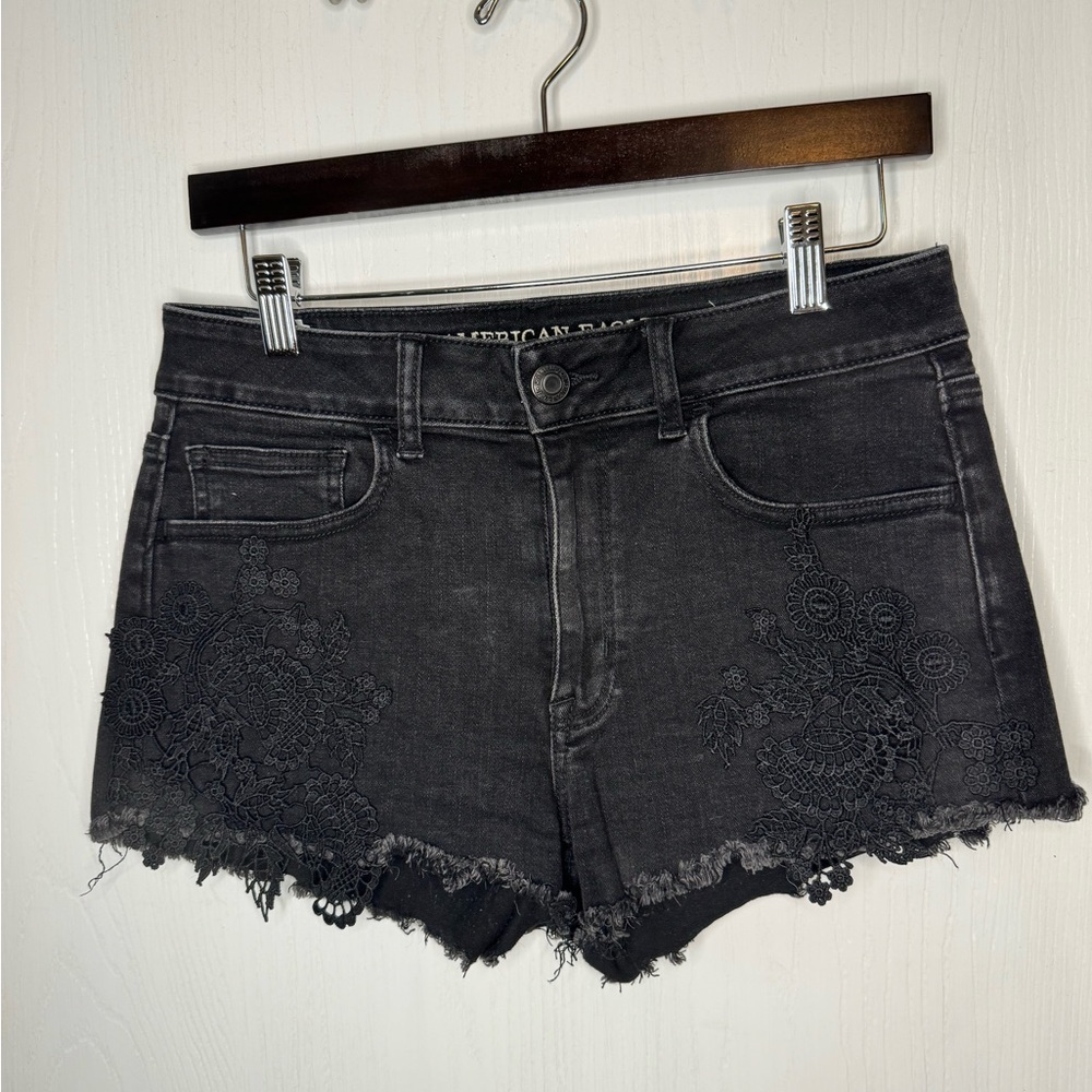 American Eagle High Rise Shortie Black Lace Jean Shorts